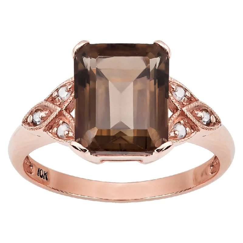 Hinged ring-Viducci 10k Rose Gold Vintage Style Smoky Quartz and Diamond Ring