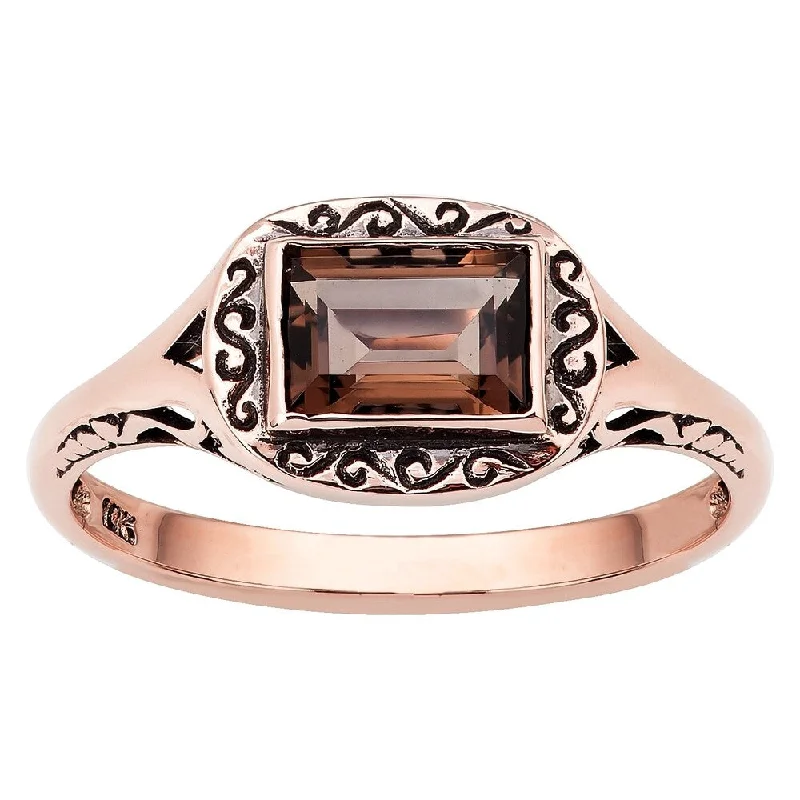 Thin diamond ring-Viducci 10k Rose Gold Vintage Style Smoky Quartz Scroll Ring