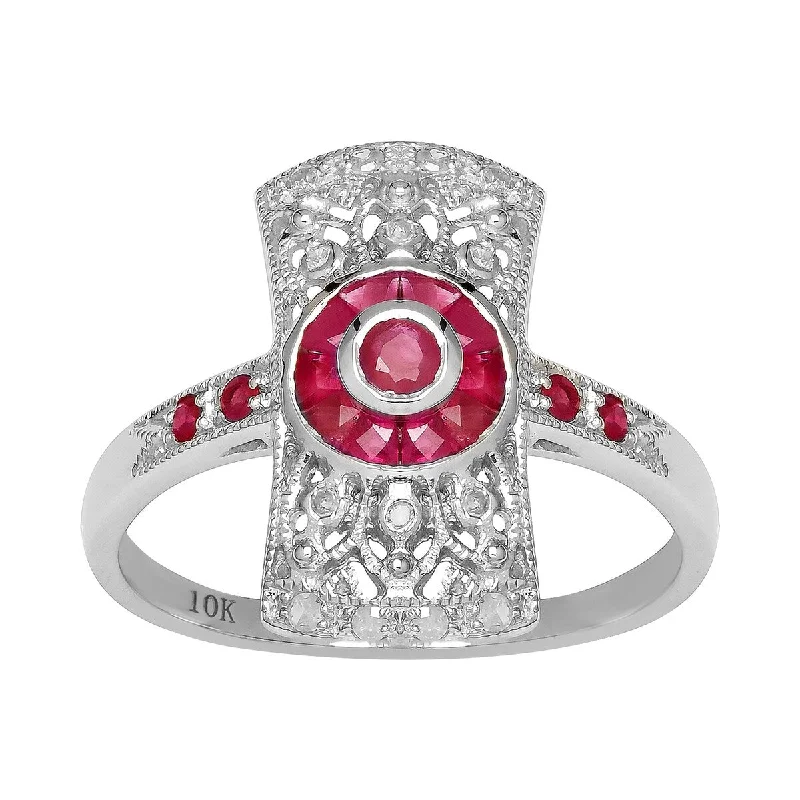 Natural sapphire ring-Viducci 10k White Gold Antique Vintage Style Genuine Ruby and Diamond Ring