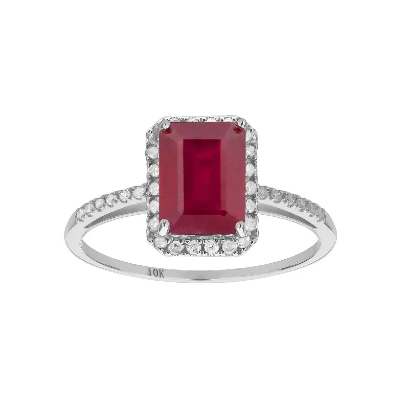 Glossy obsidian ring-Viducci 10k White Gold Genuine Emerald-cut Ruby and Diamond Halo Ring