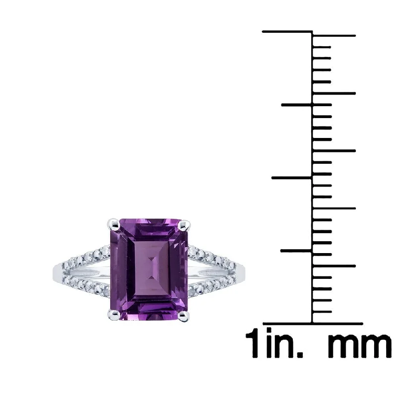 Glowing quartz ring-Viducci 10k White Gold Genuine Emerald-Shape Amethyst and Split-Shank Diamond Ring