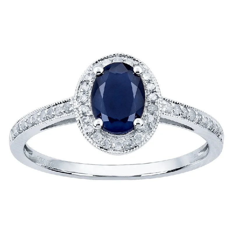 Night moon ring-Viducci 10k White Gold Genuine Oval Sapphire and Diamond Halo Ring