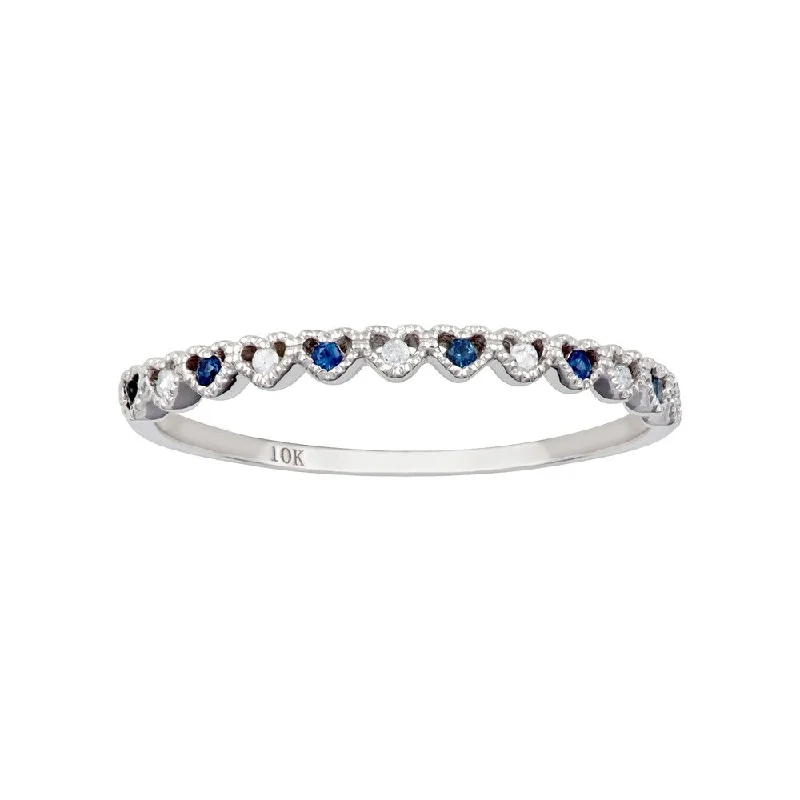 Fine-level ring-Viducci 10k White Gold Genuine Sapphire and Diamond Petite Heart Stackable Band