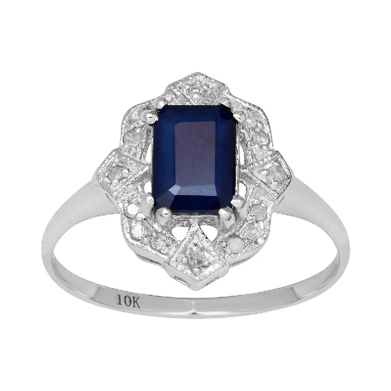 Looping wire ring-Viducci 10k White Gold Vintage Style Genuine Emerald-Cut Sapphire and Diamond Ring