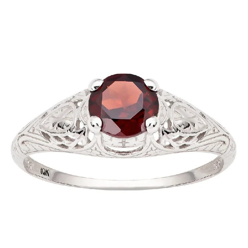 Nonagonal stone ring-Viducci 10k White Gold Vintage Style Genuine Garnet Scroll Ring