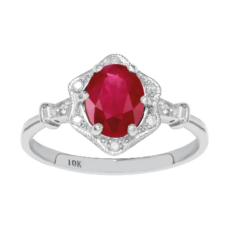 Offset stone ring-Viducci 10k White Gold Vintage Style Genuine Oval Ruby and Diamond Halo Ring