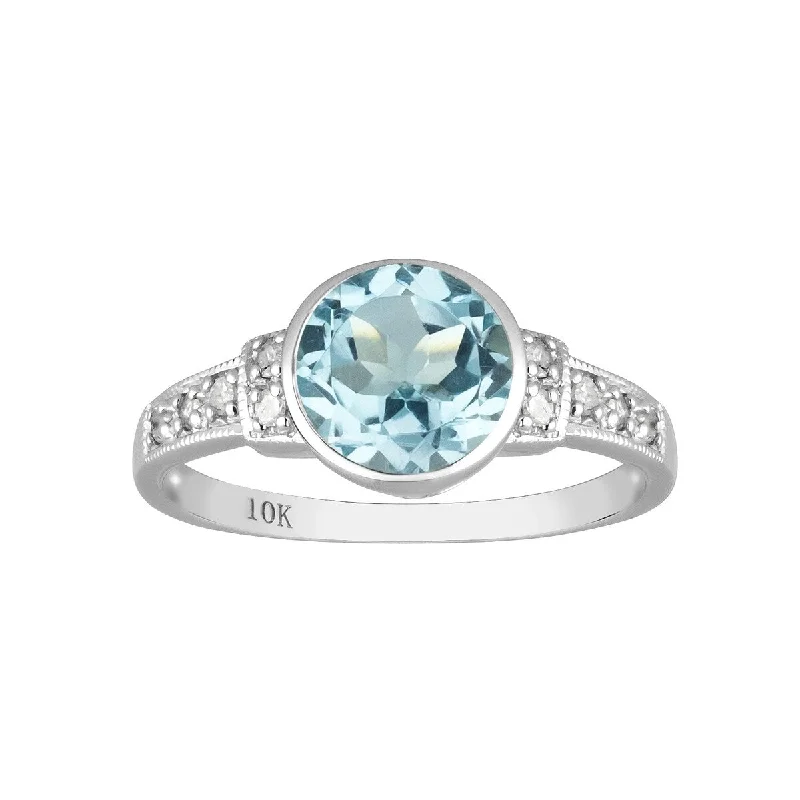 Rounded stone ring-Viducci 10k White Gold Vintage Style Genuine Round Blue Topaz and Diamond Ring