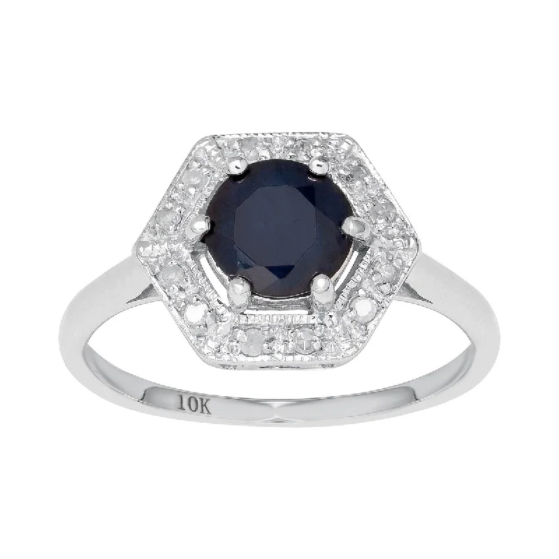 Inset gem ring-Viducci 10k White Gold Vintage Style Genuine Round Sapphire and Diamond Halo Ring