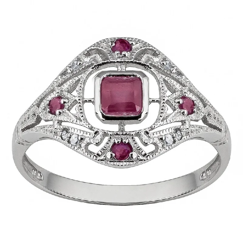 Stamped design ring-Viducci 10k White Gold Vintage Style Genuine Ruby and Diamond Ring - Red