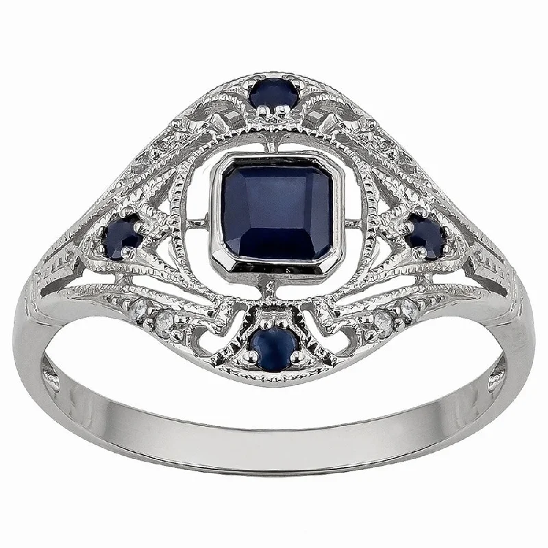 Thin diamond ring-Viducci 10k White Gold Vintage Style Genuine Sapphire and Diamond Ring - Blue