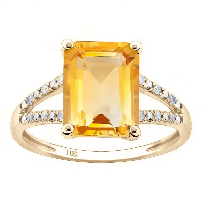 Holo ring-Viducci 10k Yellow Gold Genuine Emerald-Shape Citrine and Split-Shank Diamond Ring