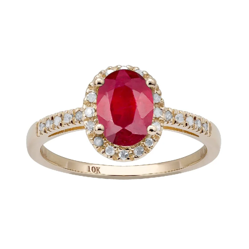 Stamped design ring-Viducci 10k Yellow Gold Ruby and 1/8ct Diamond Halo Ring (G-H, I1-I2)