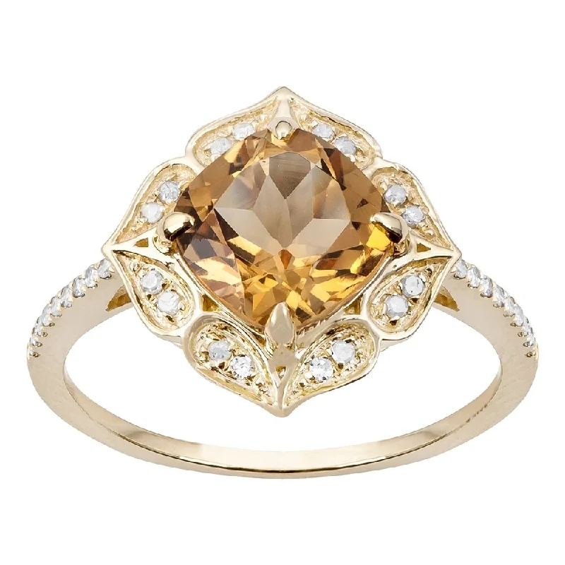 Light weave ring-Viducci 10k Yellow Gold Vintage Style Cushion Citrine and Diamond Ring