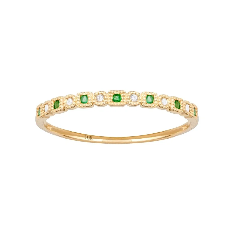 Shimmering jade ring-Viducci 10k Yellow Gold Vintage Style Emerald and Diamond Petite Stackable Band