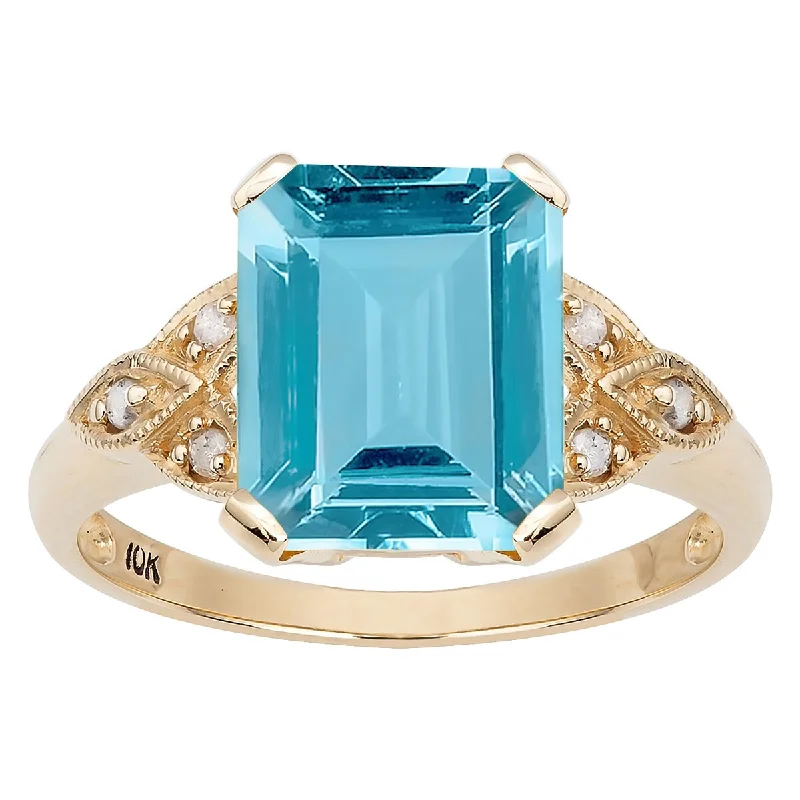 Brushed steel ring-Viducci 10k Yellow Gold Vintage Style Genuine Blue Topaz and Diamond Ring