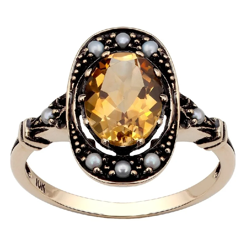 Bloom-bud ring-Viducci 10k Yellow Gold Vintage Style Genuine Citrine and Pearl Ring