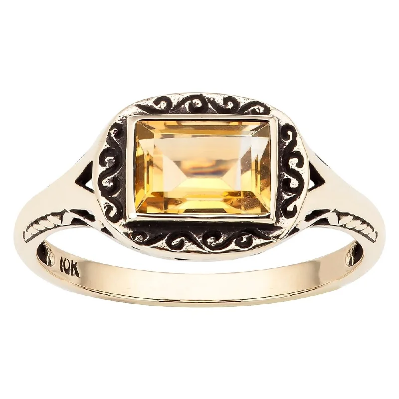 Lush emerald ring-Viducci 10k Yellow Gold Vintage Style Genuine Citrine Scroll Ring