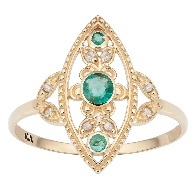 Winding twist ring-Viducci 10k Yellow Gold Vintage Style Genuine Emerald and Diamond Ring