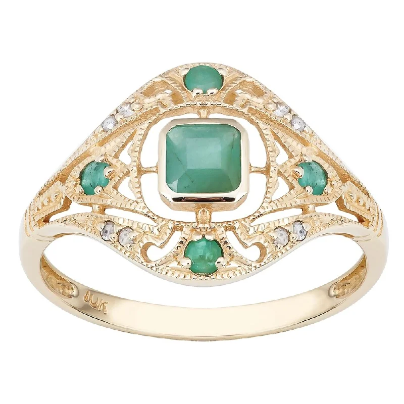 Subtle-carved ring-Viducci 10k Yellow Gold Vintage Style Genuine Emerald and Diamond Ring