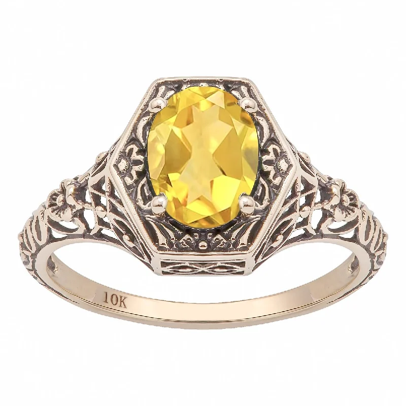 Stellar burst ring-Viducci 10k Yellow Gold Vintage Style Genuine Oval Citrine Ring