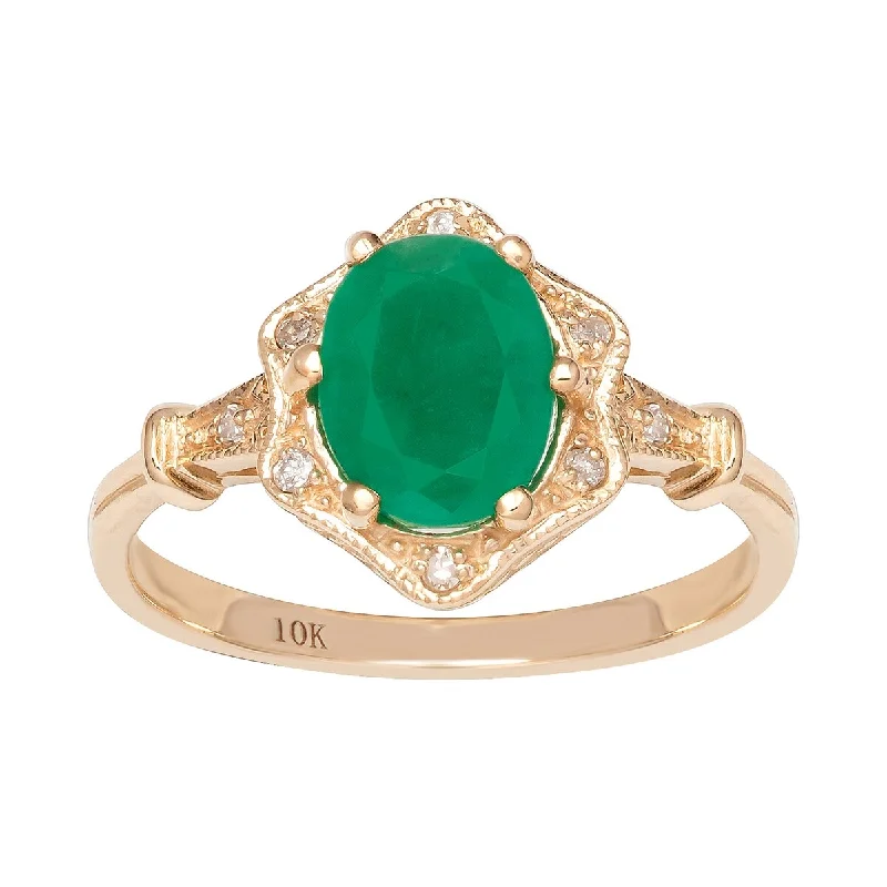 Clasped gem ring-Viducci 10k Yellow Gold Vintage Style Genuine Oval Emerald and Diamond Halo Ring