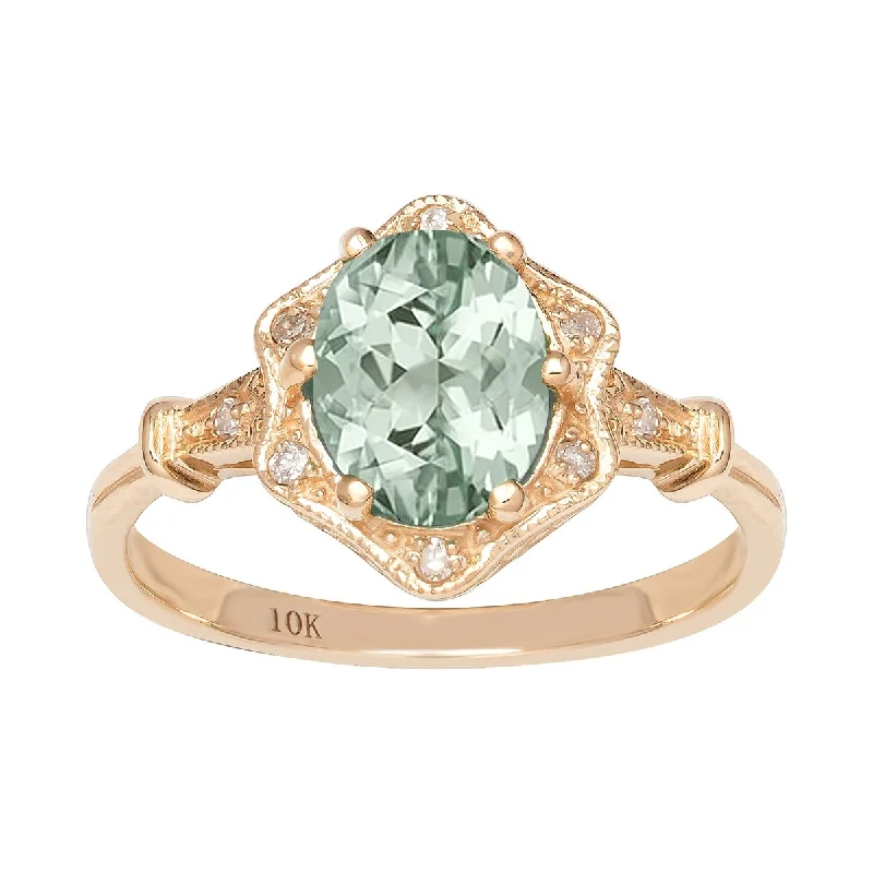 Curving band ring-Viducci 10k Yellow Gold Vintage Style Genuine Oval Green Amethyst and Diamond Halo Ring