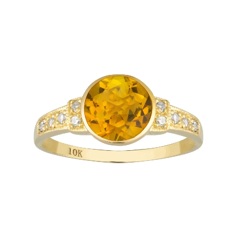 Crest motif ring-Viducci 10k Yellow Gold Vintage Style Genuine Round Citrine and Diamond Ring