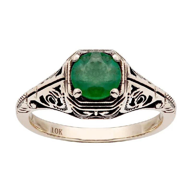 Glowing citrine ring-Viducci 10k Yellow Gold Vintage Style Genuine Round Emerald Filigree Ring