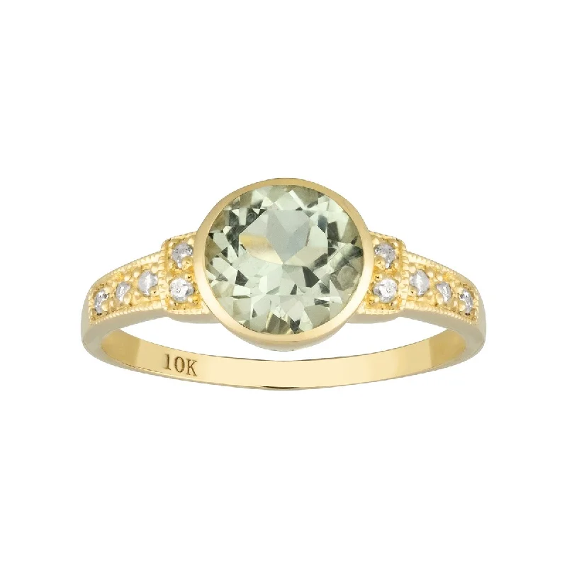 Light weave ring-Viducci 10k Yellow Gold Vintage Style Genuine Round Green Amethyst and Diamond Ring