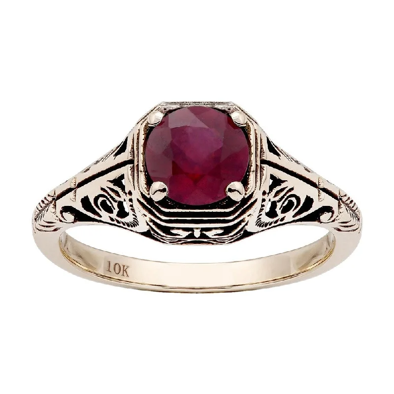 Deep emerald ring-Viducci 10k Yellow Gold Vintage Style Genuine Round Ruby Filigree Ring