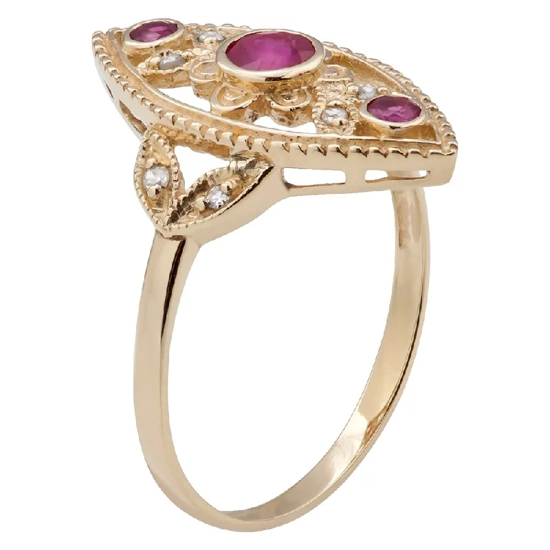 Offset stone ring-Viducci 10k Yellow Gold Vintage Style Genuine Ruby and Diamond Ring