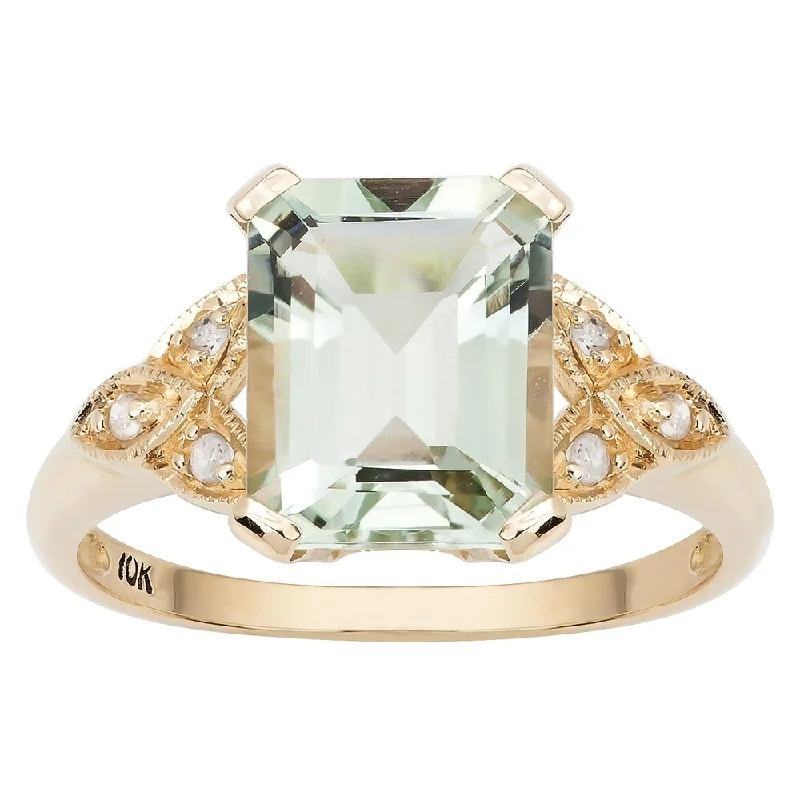 Crafted gold ring-Viducci 10k Yellow Gold Vintage Style Green Amethyst and Diamond Ring