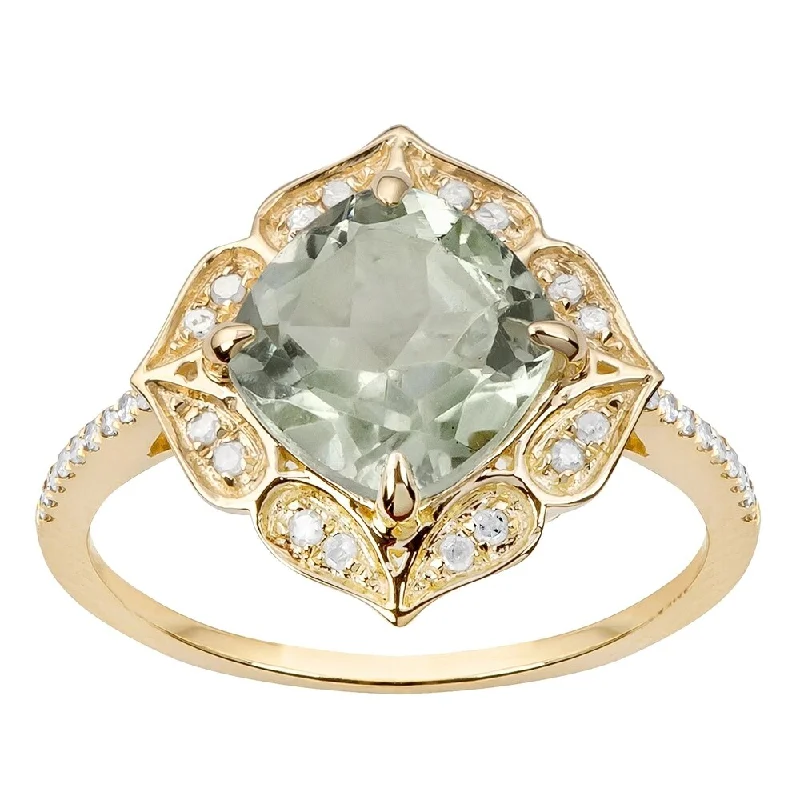 Outstretched gem ring-Viducci 10k Yellow Gold Vintage Style Green Amethyst and Diamond Ring