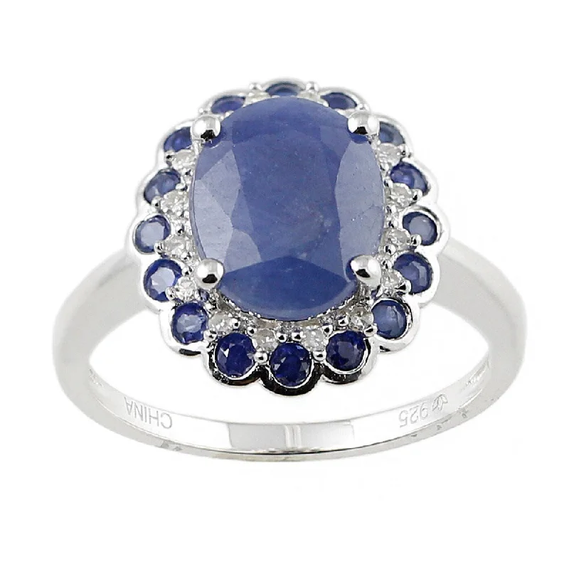 Open-slot ring-White Sterling Silver Natural Indian Blue Sapphire and Diamond Classic Ring