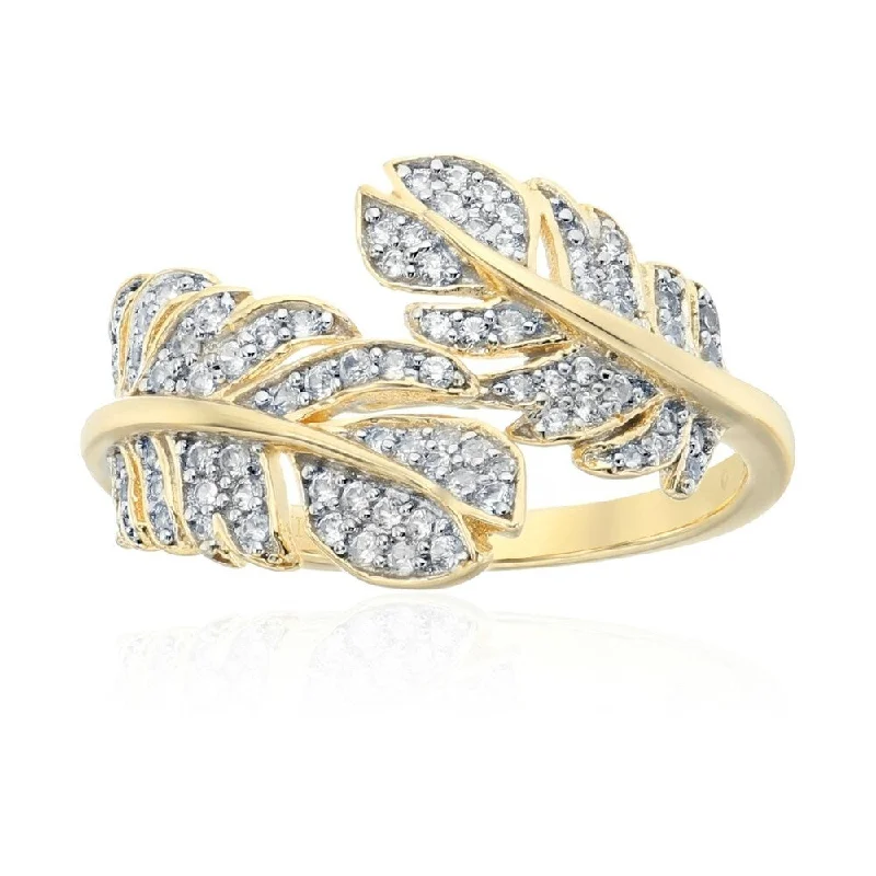 Satin titanium ring-Yellow Gold - plated Silver White Zirconia Leaf bypass Ring Size - 7