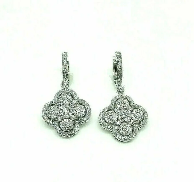 Pure stone earrings-1.79 Carats t.w. Diamond Clover Dangle Earrings 14K White Gold 1.50 Inch Drop