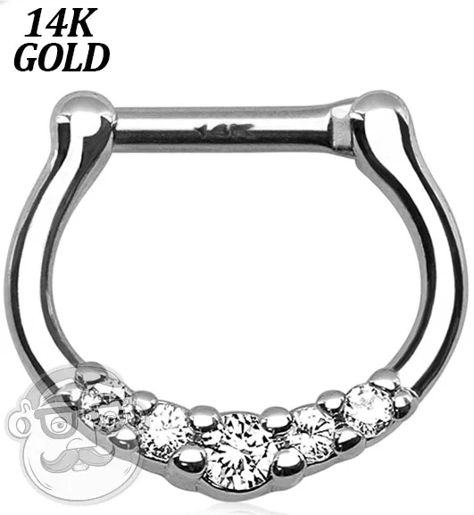 Five-heart earrings-16G 14kt White Gold Clear 5 Gem Septum Clicker