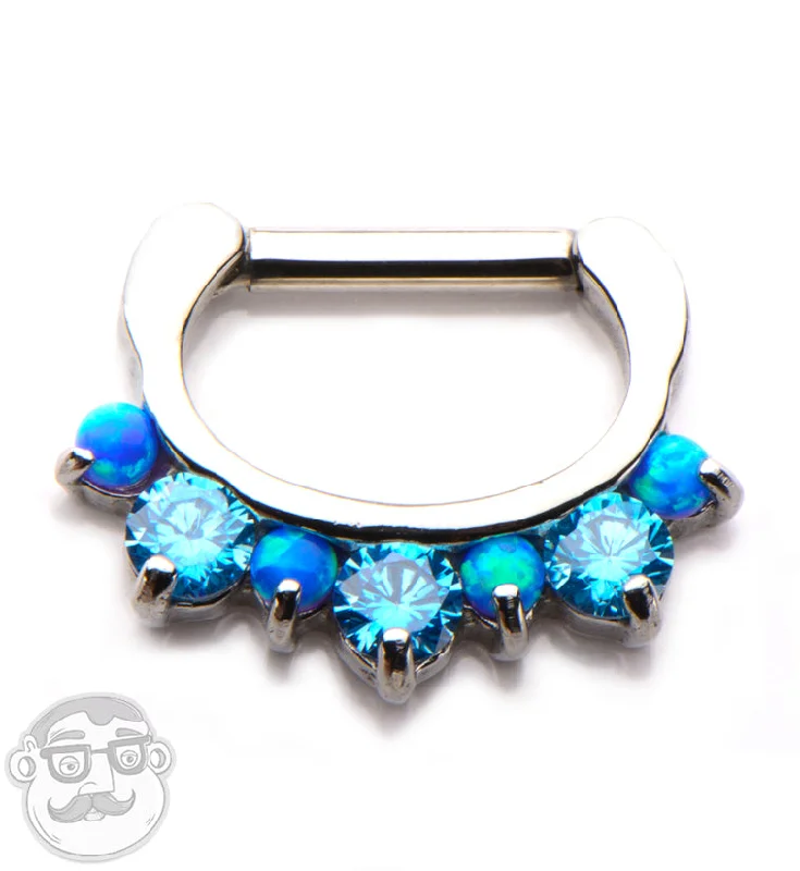 Solid-set pave earrings-14G Blue Opalite & Aqua CZ Stainless Steel Septum Clicker (Small)