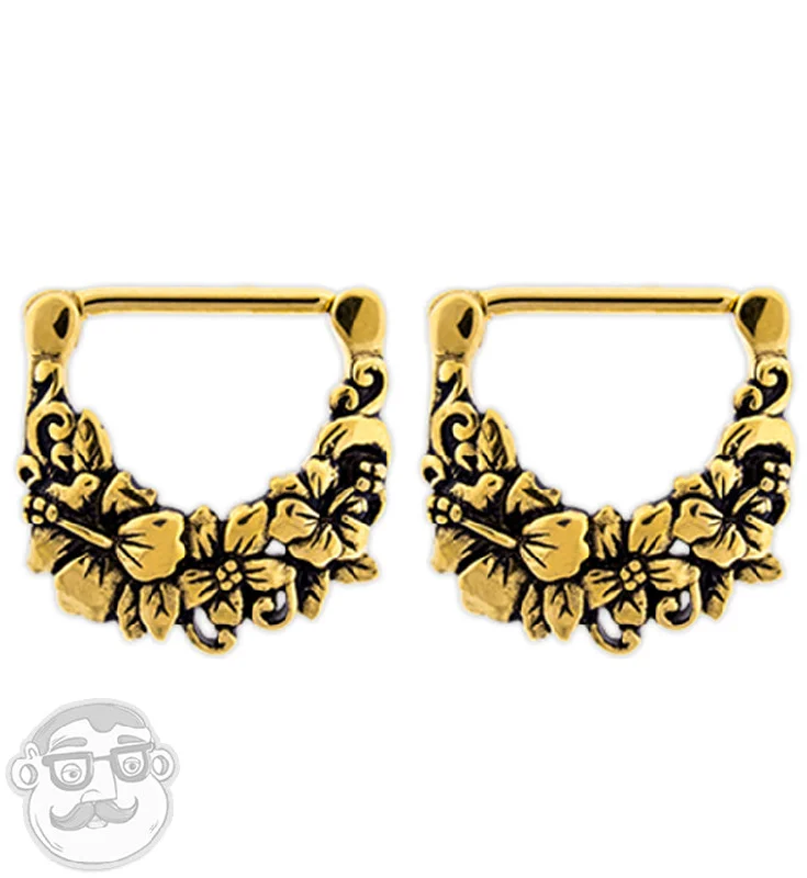 Four-stone earrings-14G Gold PVD Hibiscus Nipple Clicker