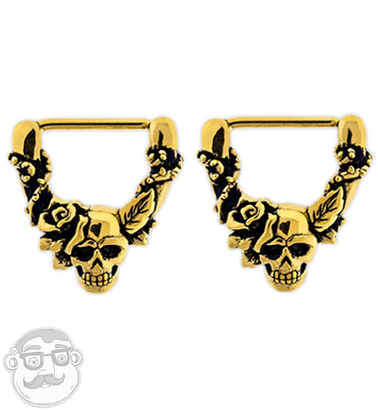 Tesselated hoop earrings-14G Gold PVD Skull & Roses Nipple Clicker