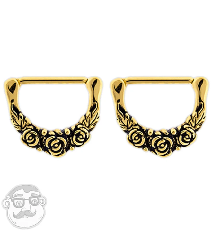 Clean cut earrings-14G Gold PVD Triple Rosebud Nipple Clicker