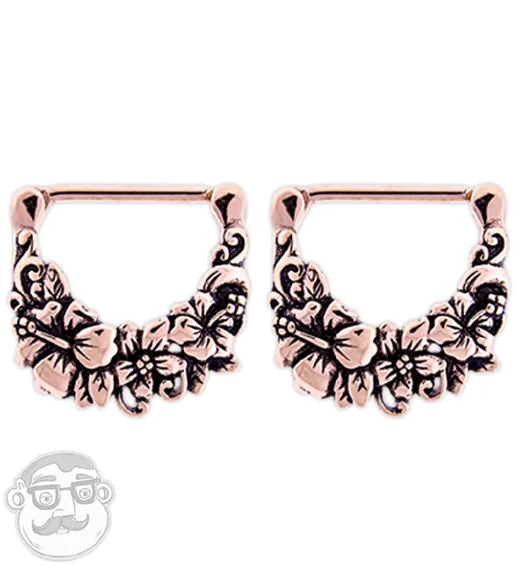 Horizon-cut earrings-14G Rose Gold PVD Hibiscus Nipple Clicker