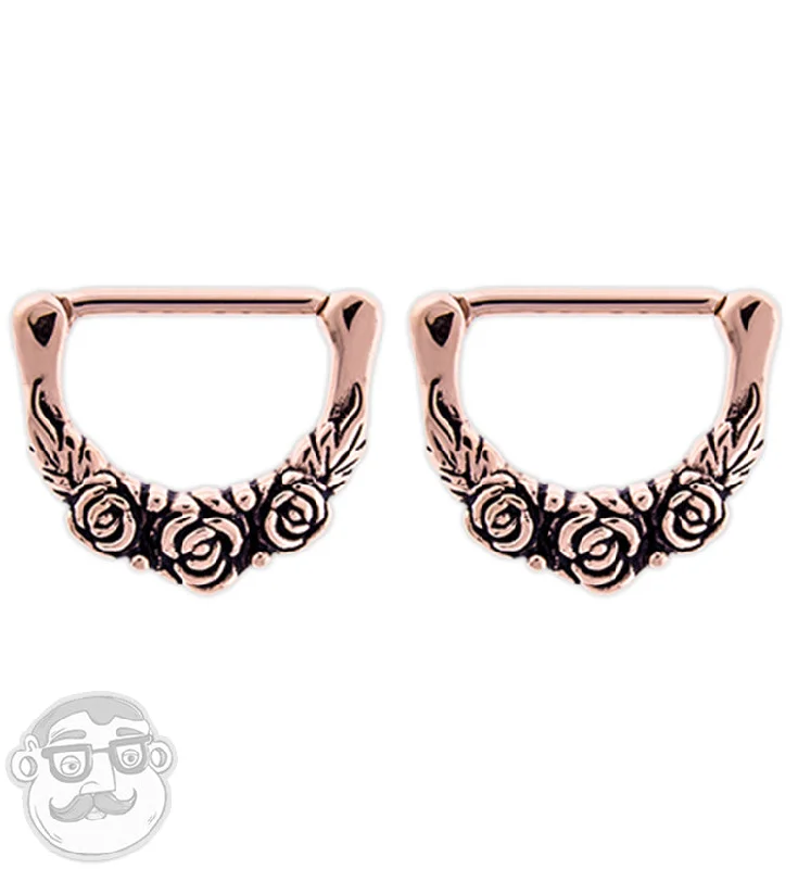 Curving bar earrings-14G Rose Gold PVD Triple Rosebud Nipple Clicker