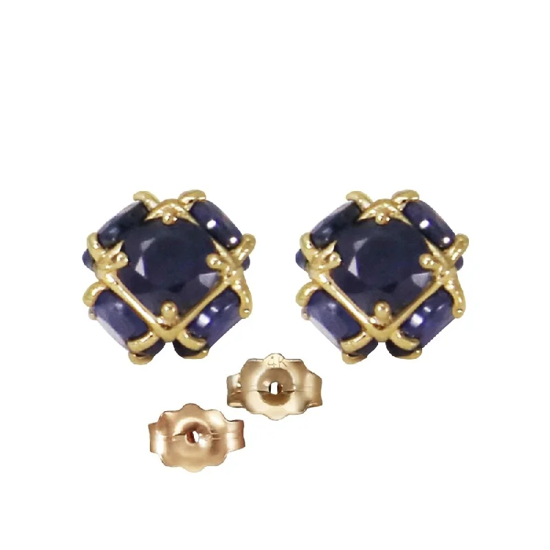 Swept gem earrings-14K Solid Gold Stud Earrings with Natural Sapphires