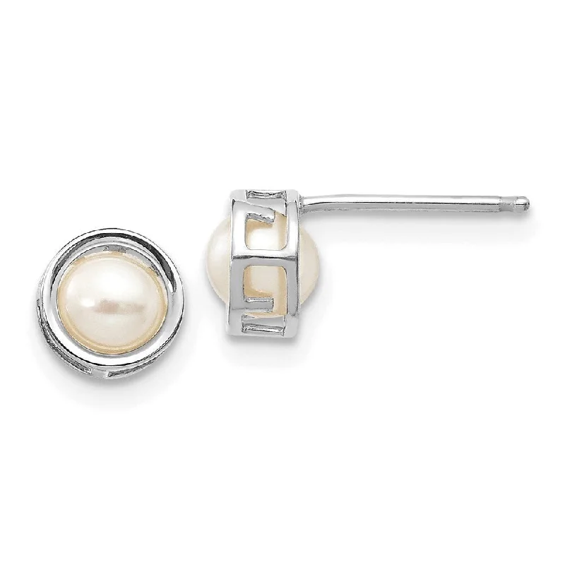 Layered tier earrings-14k White Gold Bezel Cultured Pearl Stud Earrings (L-5 mm, W-5 mm)