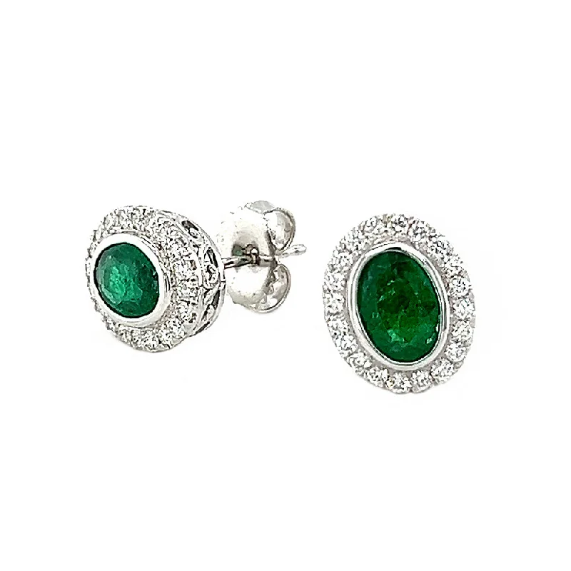 Night moon earrings-Oval Emerald and Diamond Halo Earrings