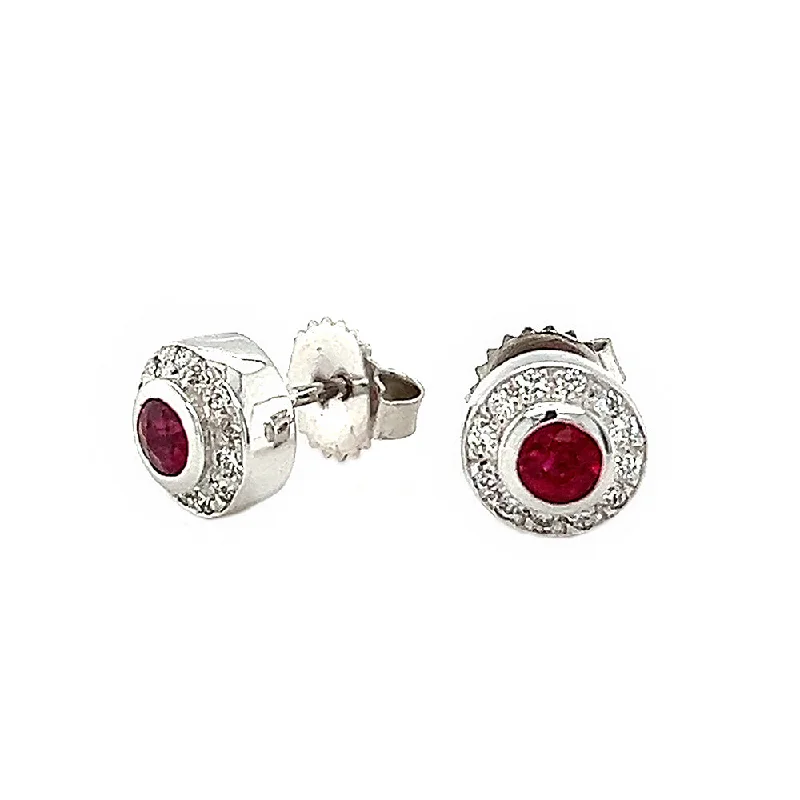 Hand-grooved earrings-Ruby and Diamond Halo Earrings