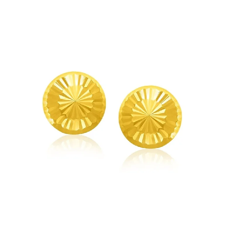 Folk grooved earrings-14k Yellow Gold Textured Flat Style Stud Earrings