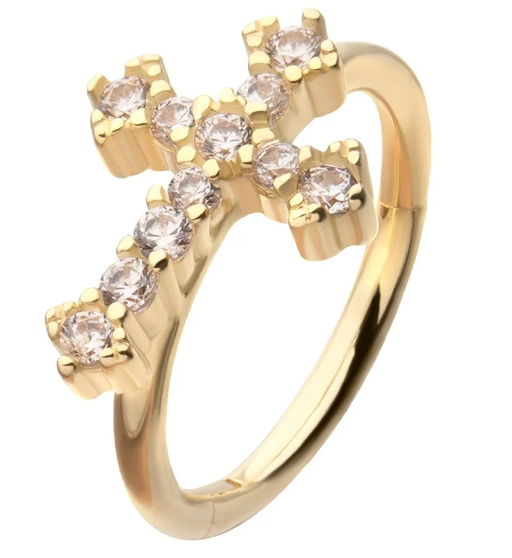 Angled stone earrings-14kt Gold Baroque Cross Clear CZ Hinged Segment Ring