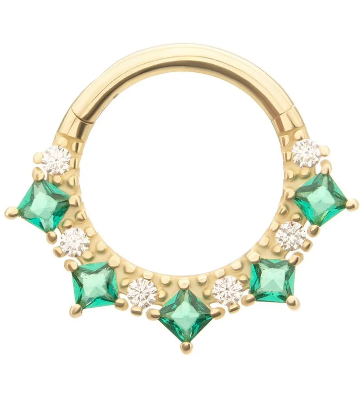 Sparkling gem earrings-14kt Gold Beaded Princess Emerald CZ Hinged Segment Ring